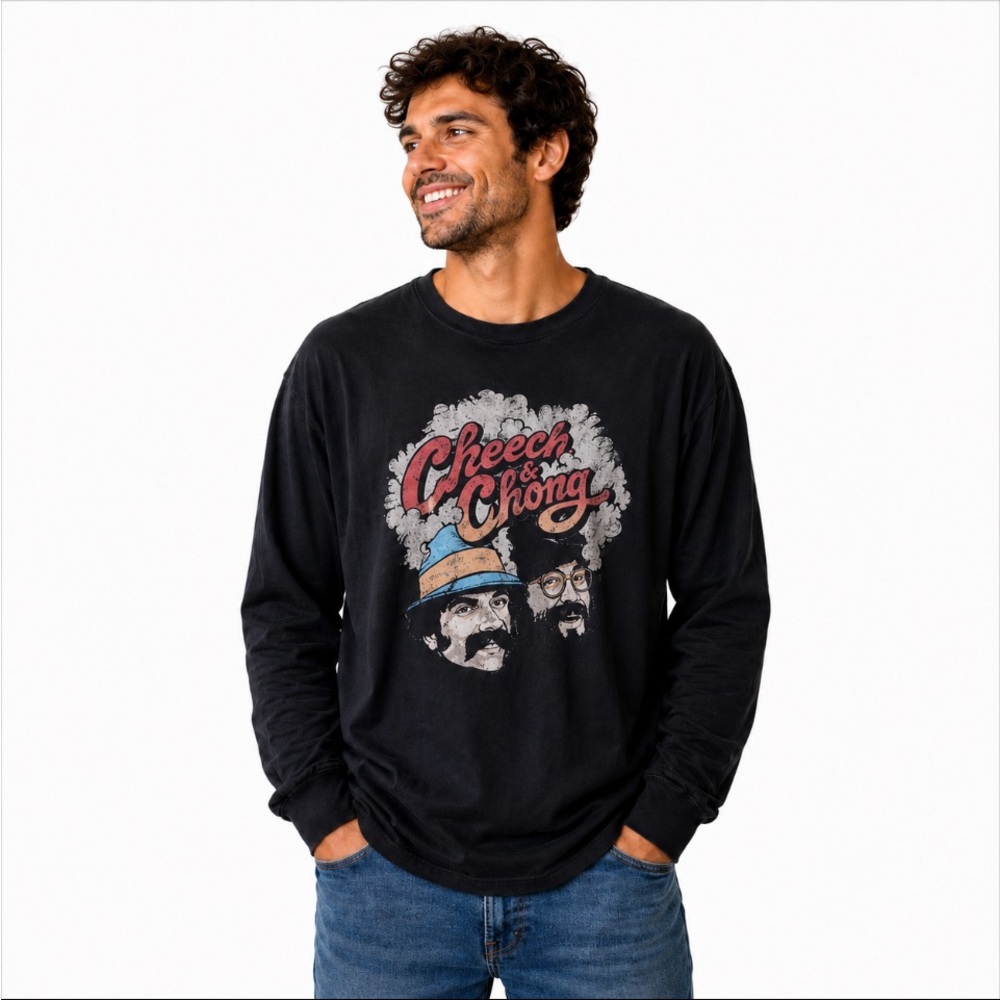 Cheech & Chong Graphic Long Sleeve Tee - Black with Multicolor Print Size 2XL